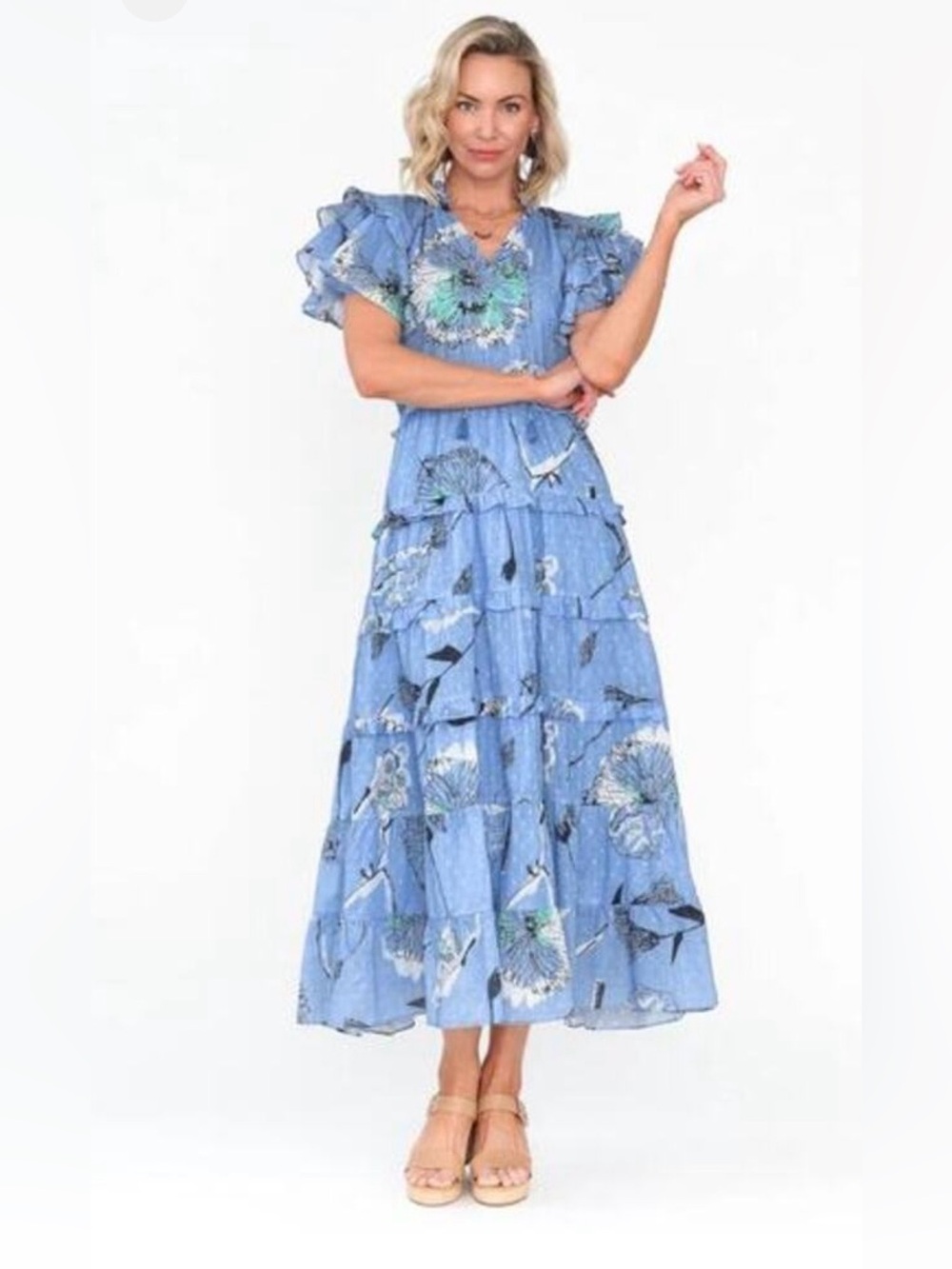 Maude Vivante Size L Sana Blue Dandelion Cotton Ruffled Tiered Maxi Dress